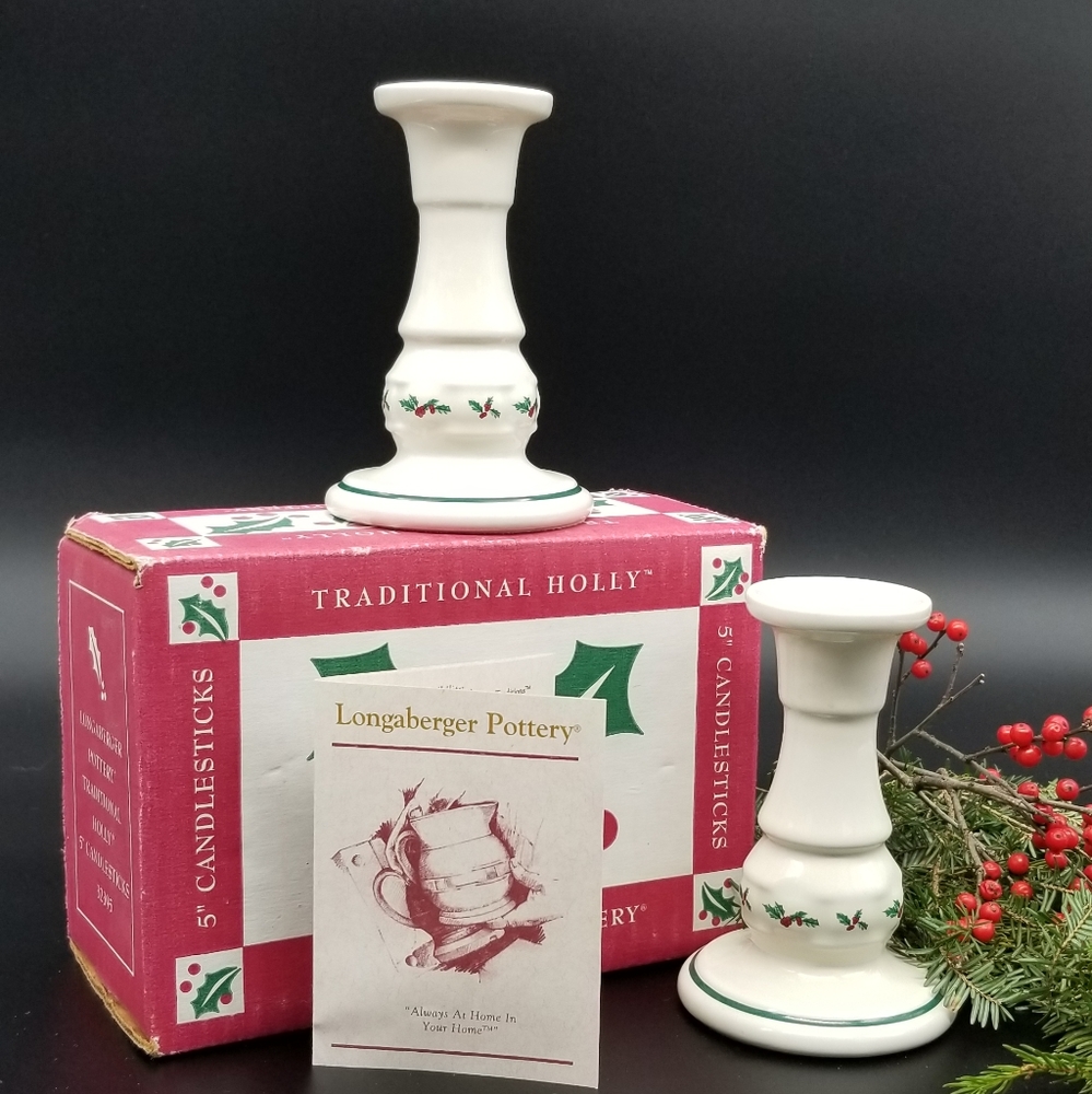 Longaberger pottery "holly edition" candle holders